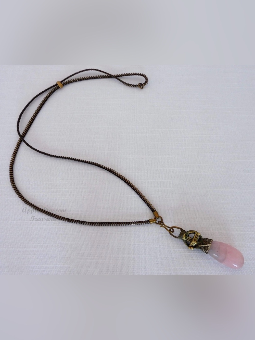Handcrafted Estate Long Brass Zipper Chain Necklace w/Rose Quartz Drop Pendant